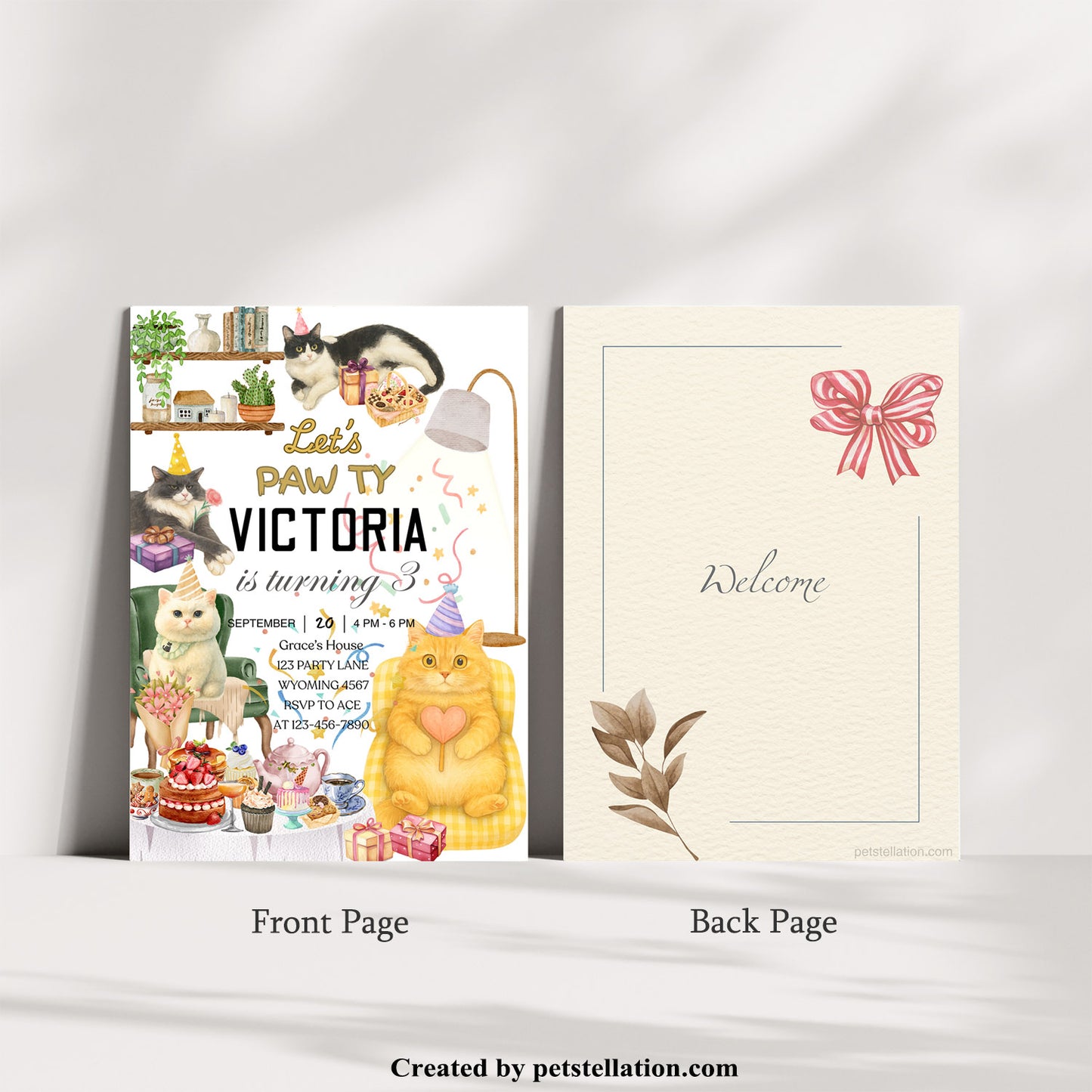 32A4 Whimsical Cat Party Invitation Canva Template – Editable Pet Celebration Invite with Photo Option