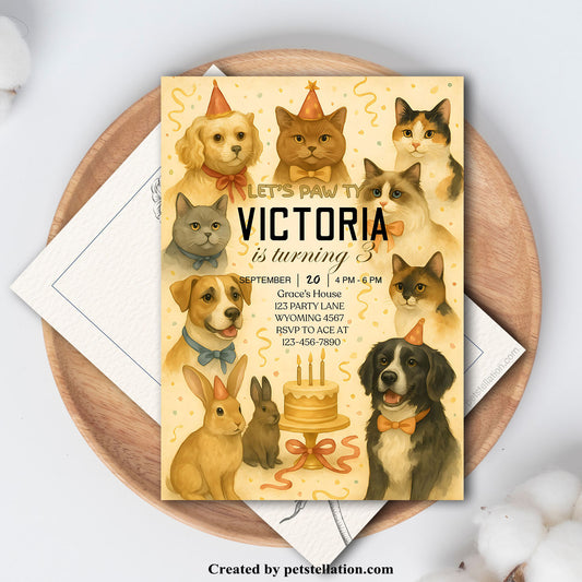 36A5 Elegant Pet Birthday Invitation Card Template – 5x7" Editable Canva Design | British Style Party Invite for Dogs & Cats
