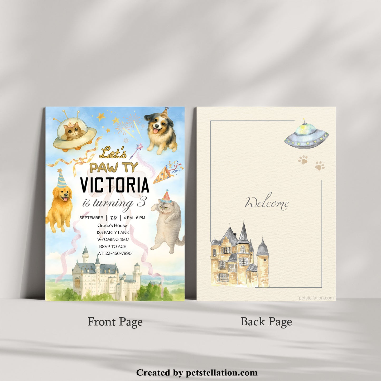 30A7 Whimsical Castle & UFO Pet Birthday Invitation – Editable Canva Template | Magical Dog & Cat Party Card | Printable Pet Celebration Invite