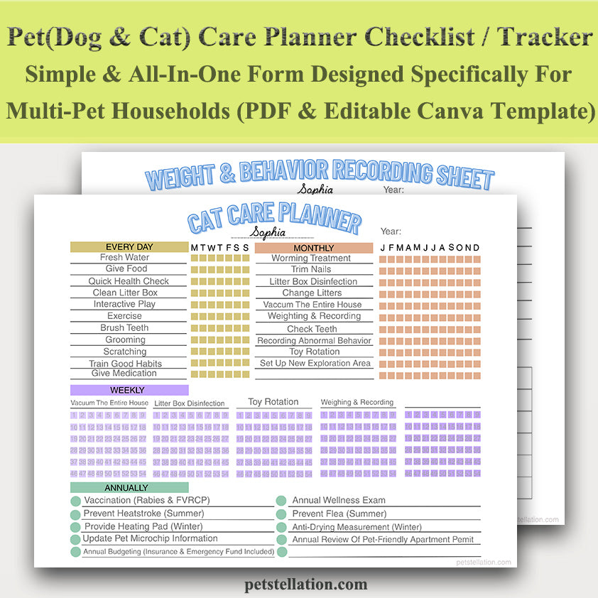 00E Multi-Pet Care Planner & Checklist | Printable PDF & Editable Canva Template | Dog & Cat Daily, Weekly, Monthly, Yearly Pet Tracker