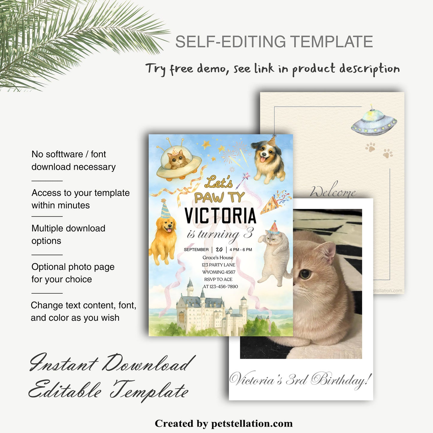 30A7 Whimsical Castle & UFO Pet Birthday Invitation – Editable Canva Template | Magical Dog & Cat Party Card | Printable Pet Celebration Invite