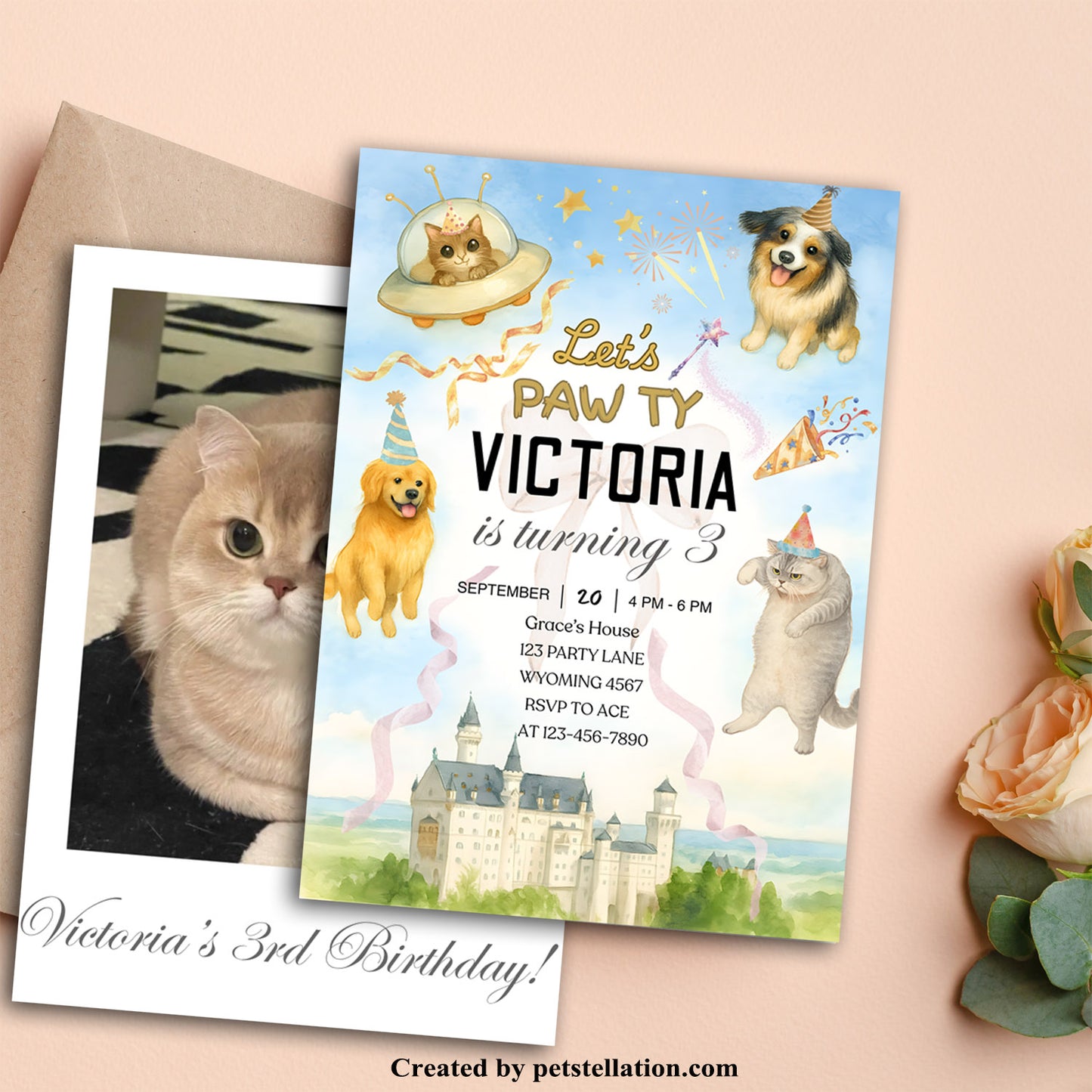 30A7 Whimsical Castle & UFO Pet Birthday Invitation – Editable Canva Template | Magical Dog & Cat Party Card | Printable Pet Celebration Invite