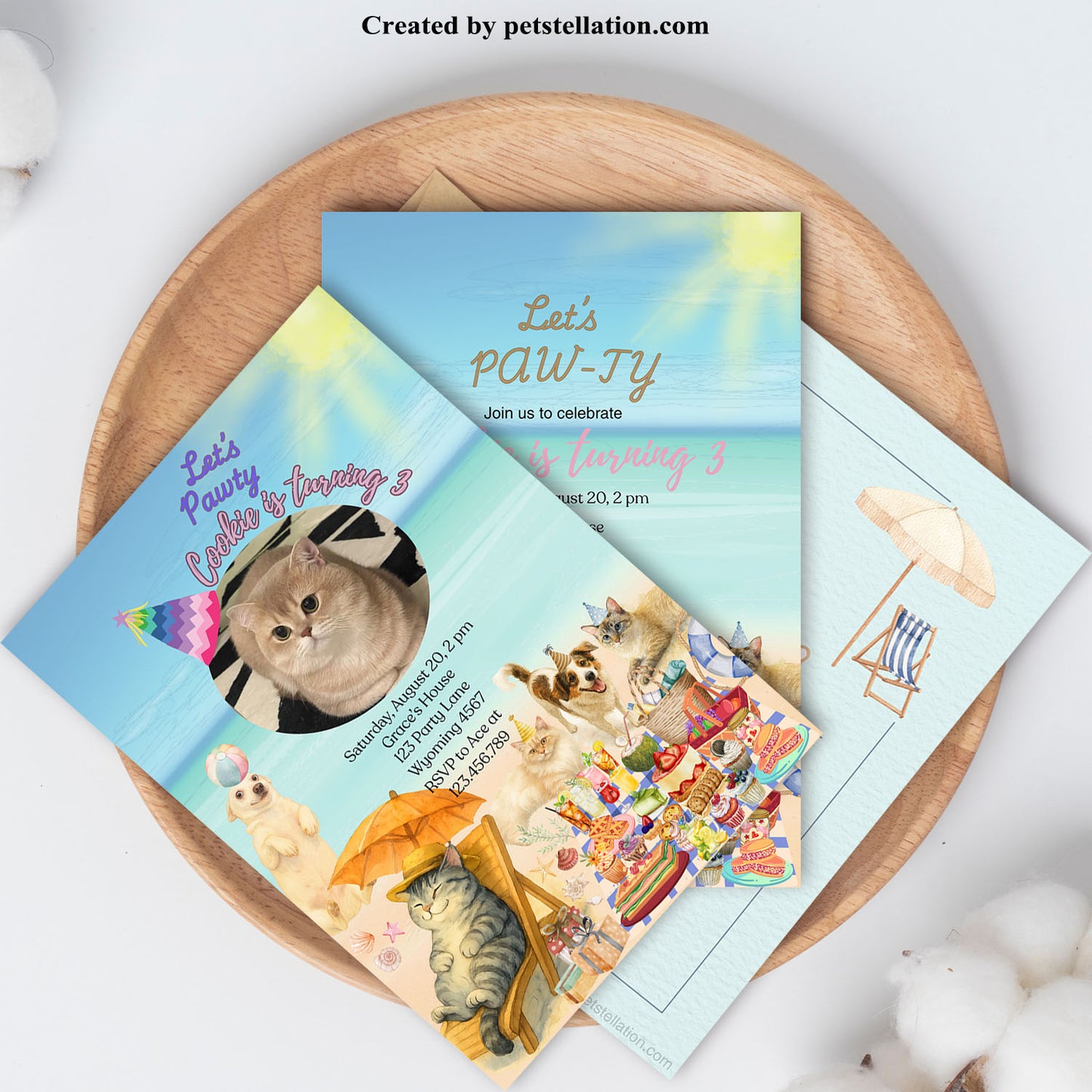 30A2 Whimsical Beach Party Invitation Card – Editable Canva Template with Cats & Dogs, Photo & Text Options