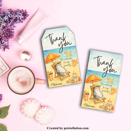 40A2 Whimsical Beach Party Thank You Tags – Editable Canva Gift Tag Template with Cats & Dogs, Watercolor Summer Party Labels