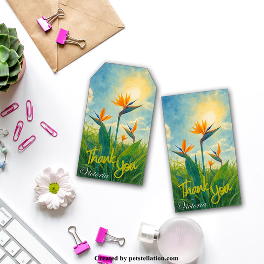 43A1 Editable Watercolor Thank You Tag | Bird of Paradise Floral Gift Label Template | Tropical Wedding Party Favor Canva Printable