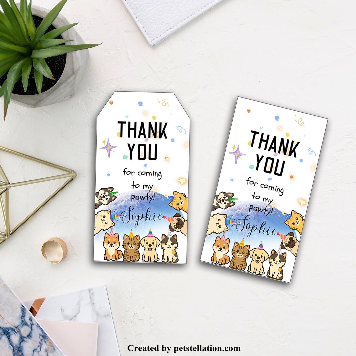 40B Editable Cat and Dog Thank You Tags - Space Planet Party Gift Tags - Printable Canva Template