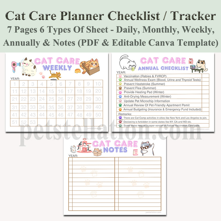 02D Ultimate Cat Care Planner - Daily to Yearly Schedule | PDF Download + Editable Canva Template | A4 & US Letter Sizes