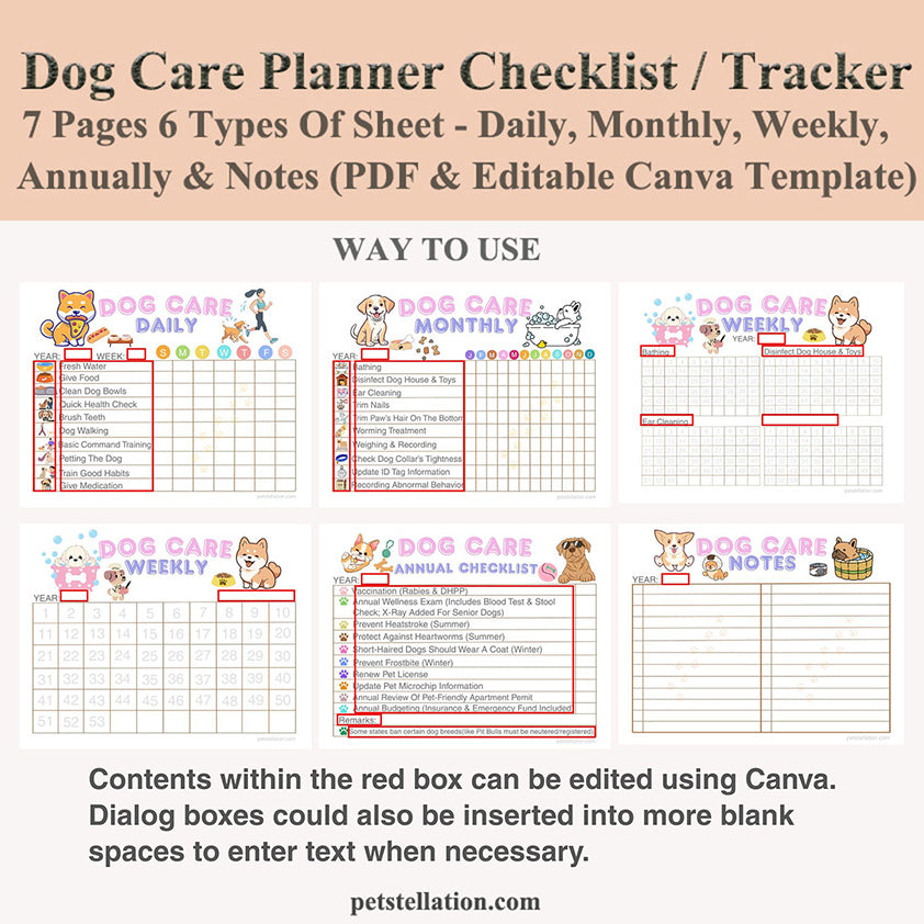 01D Ultimate Dog Care Planner - Daily, Weekly, Monthly & Yearly Schedule | PDF + Editable Canva Template | A4 & US Letter Sizes