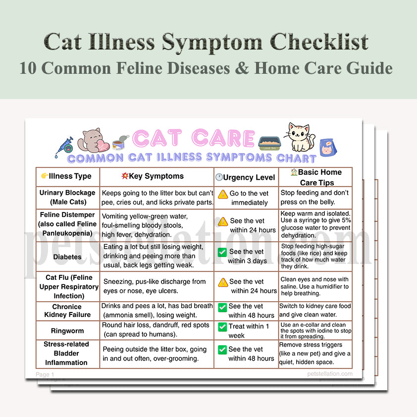 12D-1 Cat Illness Symptom Checklist & Home Care Guide – 10 Common Feline Diseases (Printable PDF)