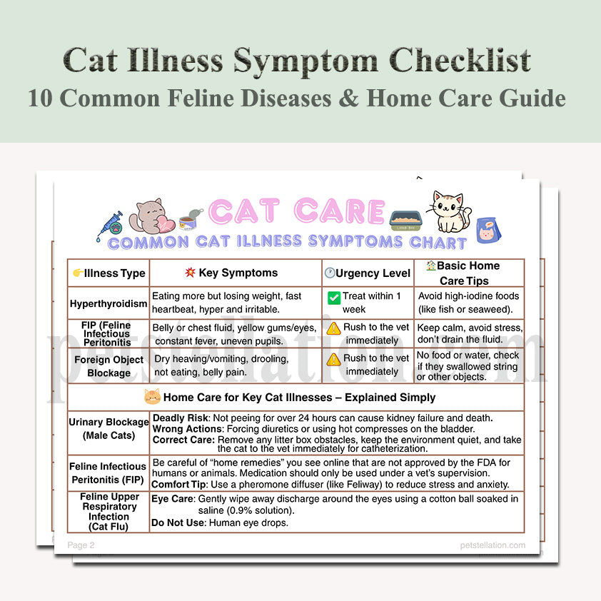 12D-1 Cat Illness Symptom Checklist & Home Care Guide – 10 Common Feline Diseases (Printable PDF)
