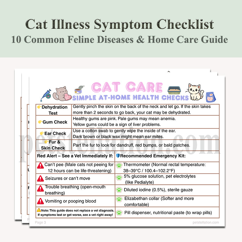 12D-1 Cat Illness Symptom Checklist & Home Care Guide – 10 Common Feline Diseases (Printable PDF)