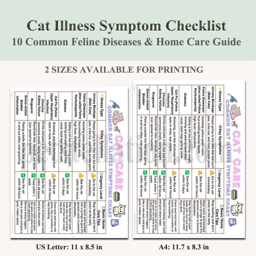 12D-1 Cat Illness Symptom Checklist & Home Care Guide – 10 Common Feline Diseases (Printable PDF)