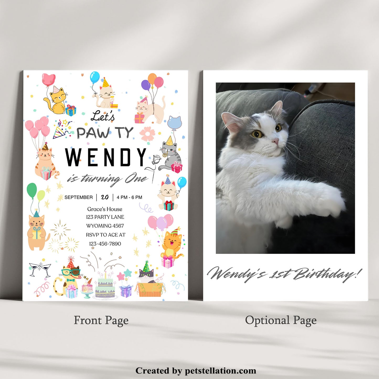32D Editable Cat Birthday Invitation Template – Cute Cartoon Cats Canva Design | Pet Adoption Anniversary Party Card