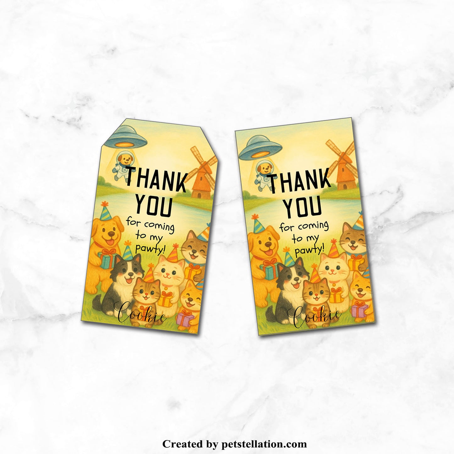 40G Editable Pet Party Thank You Tags | Crayon Style Dog & Cat Gift Tags | Canva Template – 2 Shapes