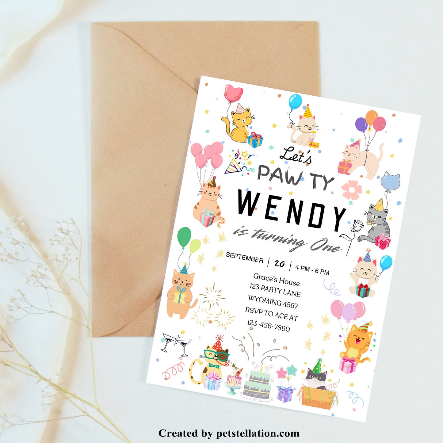32D Editable Cat Birthday Invitation Template – Cute Cartoon Cats Canva Design | Pet Adoption Anniversary Party Card