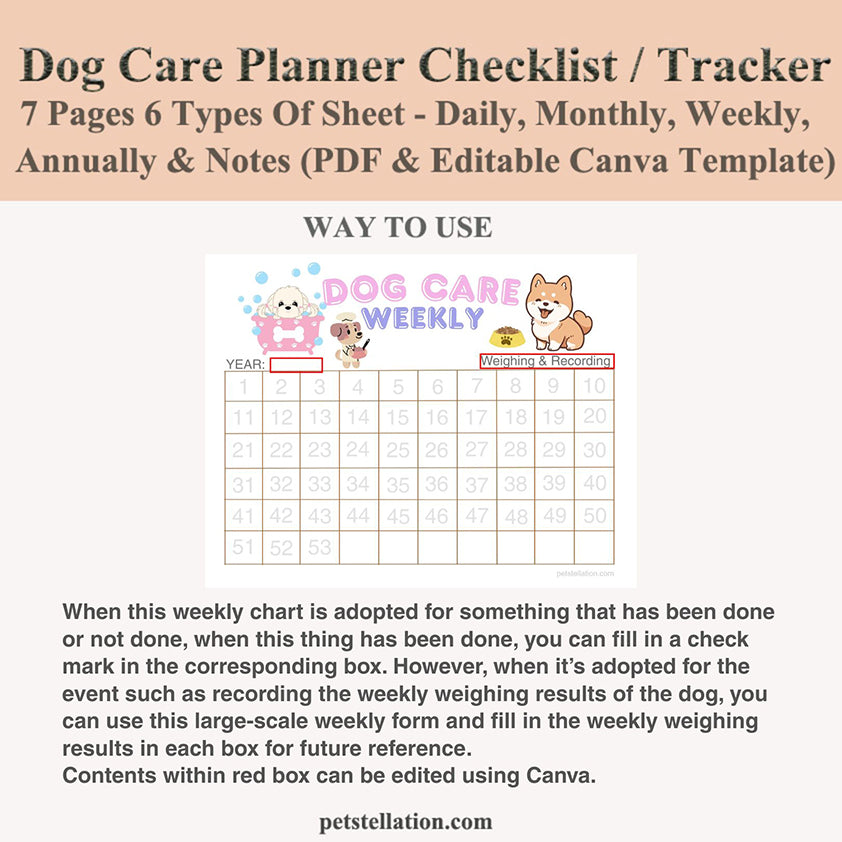 01D Ultimate Dog Care Planner - Daily, Weekly, Monthly & Yearly Schedule | PDF + Editable Canva Template | A4 & US Letter Sizes