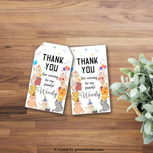 42D Editable Cat Thank You Tags | Cute Cartoon Kitty Gift Tags & Party Labels | Canva Template | Printable Cat Party Favors