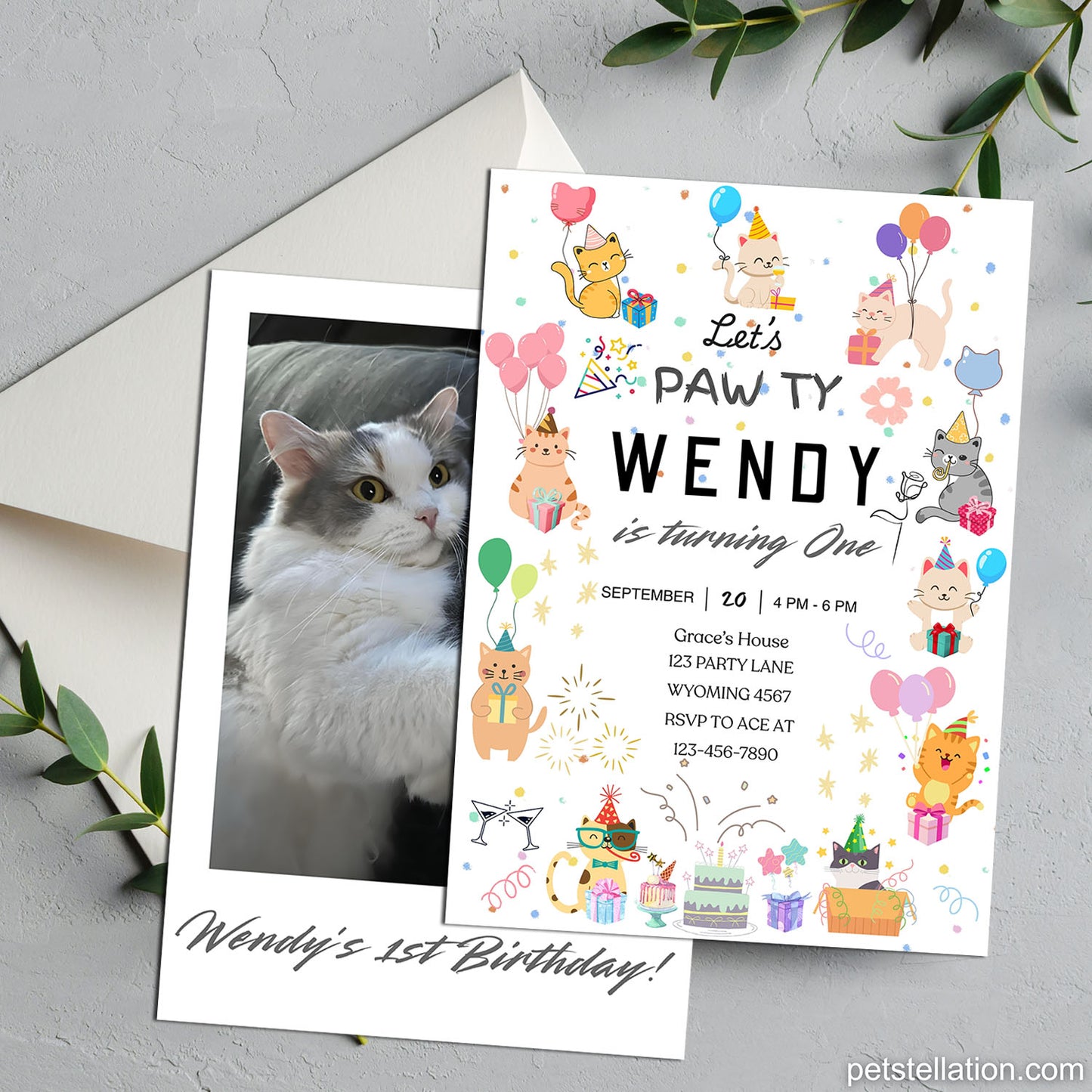 32D Editable Cat Birthday Invitation Template – Cute Cartoon Cats Canva Design | Pet Adoption Anniversary Party Card