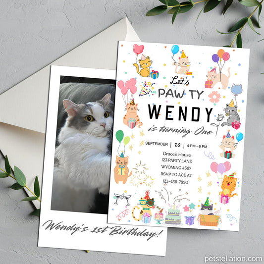 32D Editable Cat Birthday Invitation Template – Cute Cartoon Cats Canva Design | Pet Adoption Anniversary Party Card