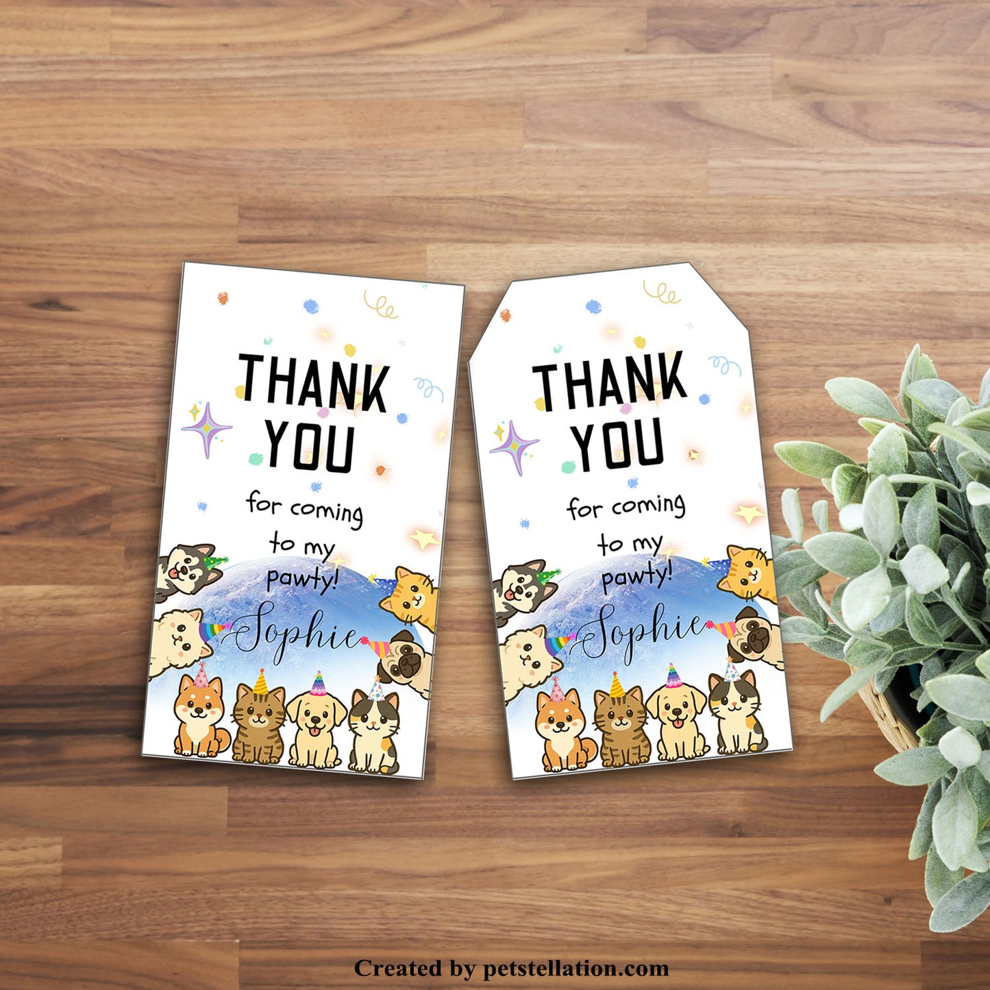 40B Editable Cat and Dog Thank You Tags - Space Planet Party Gift Tags - Printable Canva Template
