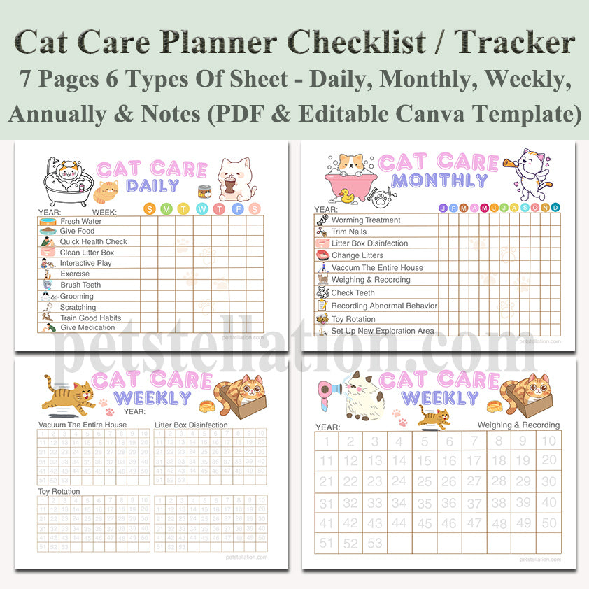 02D Ultimate Cat Care Planner - Daily to Yearly Schedule | PDF Download + Editable Canva Template | A4 & US Letter Sizes