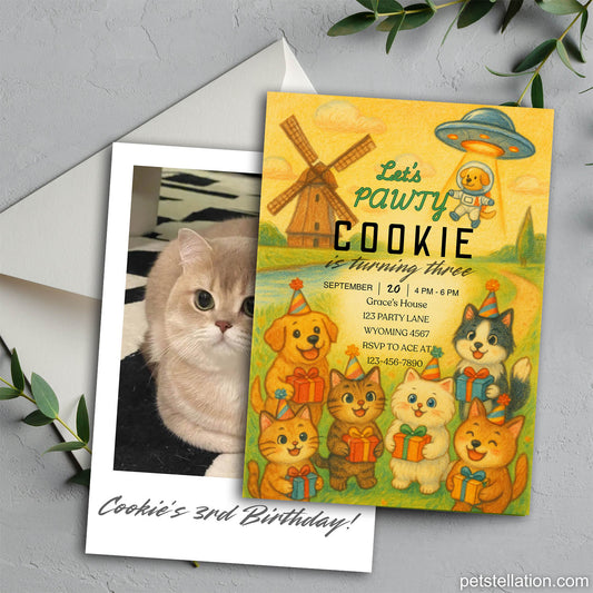 30G Editable Pet Birthday Party Invitation Card Template | Crayon Style Dog & Cat Design | 5x7 Canva Template