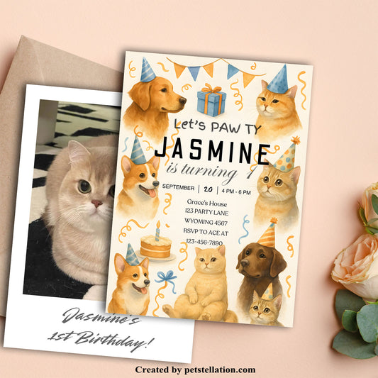30A5 Pet Birthday Party Invitation Template for Canva – Editable 5x7" Card for Dogs and Cats