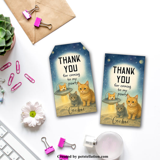 40C-4 Watercolor Galaxy Thank You Tags – Corgi Spaceship & Cat Planet | Editable Canva Gift Labels