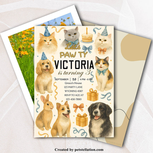 36A9 Elegant Pet Birthday Invitation Template – British Style 5x7" Canva Card with Photo Insert & Optional Back Cover