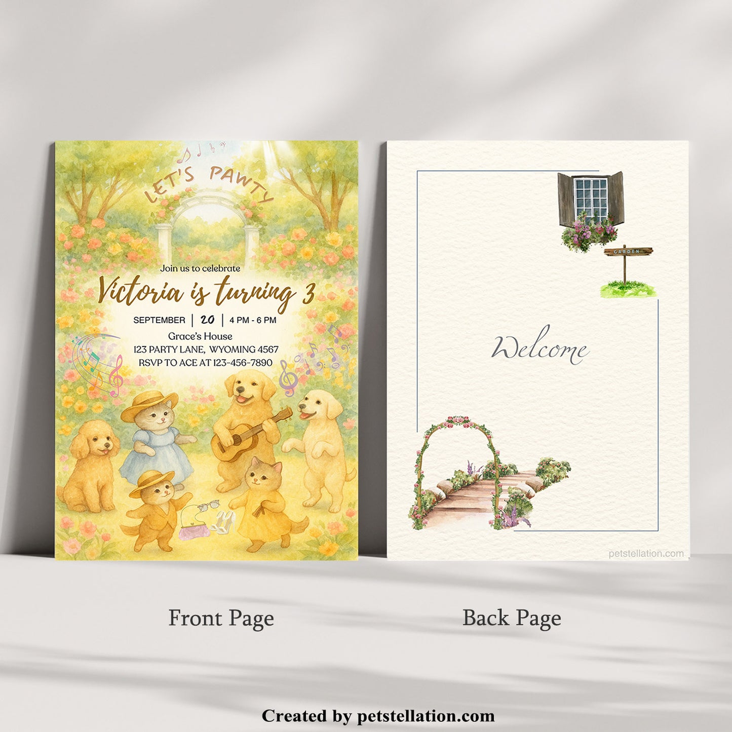 30A9 Whimsical Garden Party Invitation Card – Editable Canva Template with Cats, Dogs & Photo Option