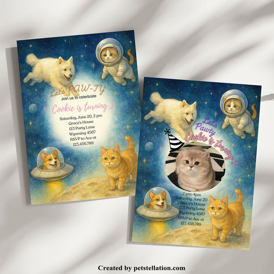 30C-2 Watercolor Galaxy Pet Party Invitation Card – Editable Canva Template with Corgi Spaceship, Cat Astronauts & Custom Photo Option