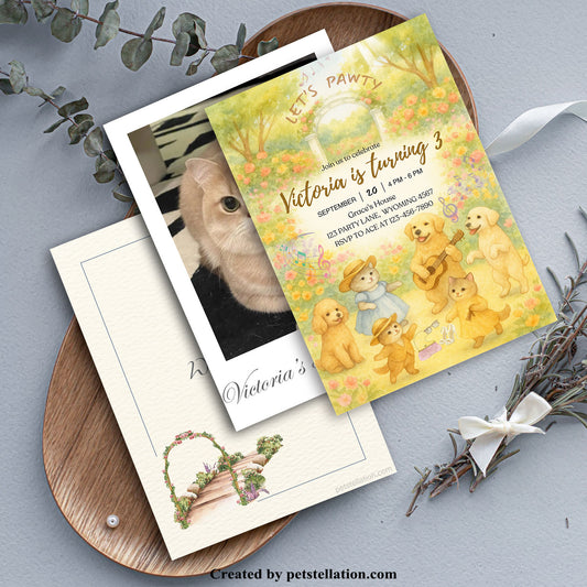 30A9 Whimsical Garden Party Invitation Card – Editable Canva Template with Cats, Dogs & Photo Option