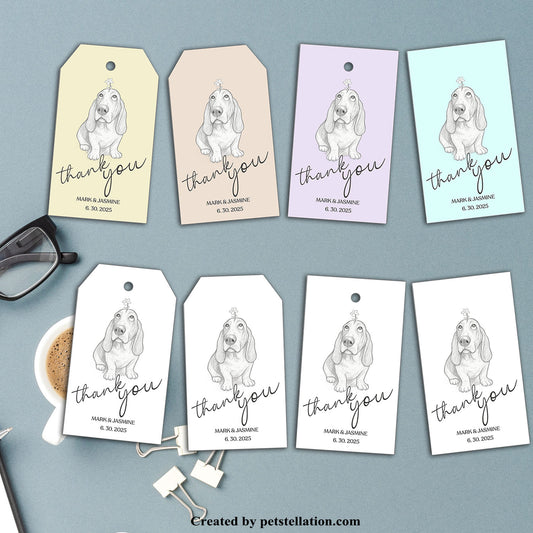 41E9 Minimalist Dog Thank You Tag | Editable Canva Gift Tag & Printable PDF | Funny Black and White Dog Party Label | Trapezoid & Rectangle Shapes