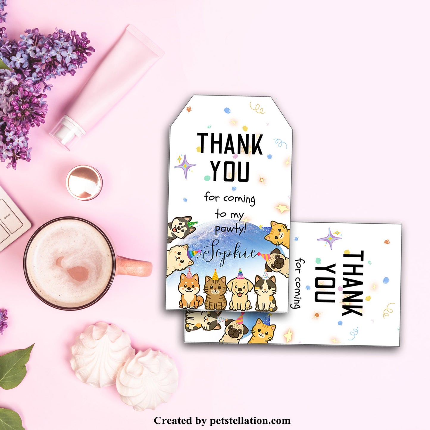 40B Editable Cat and Dog Thank You Tags - Space Planet Party Gift Tags - Printable Canva Template