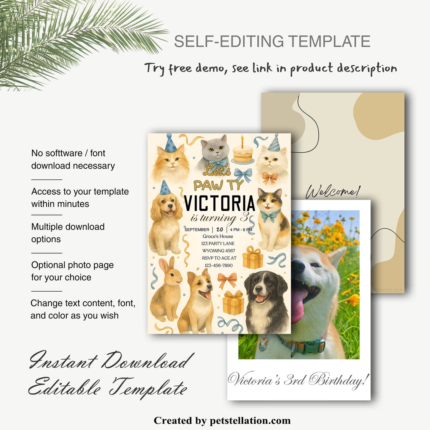 36A9 Elegant Pet Birthday Invitation Template – British Style 5x7" Canva Card with Photo Insert & Optional Back Cover