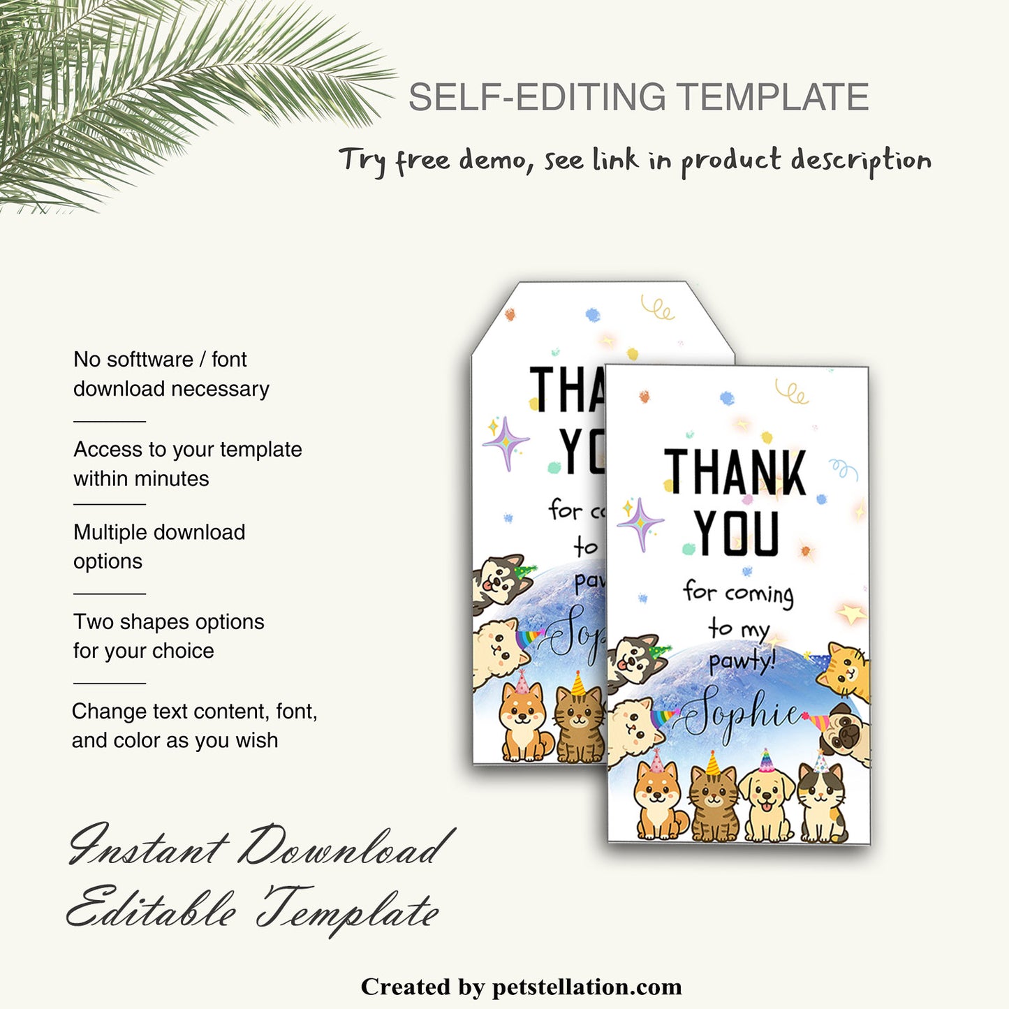 40B Editable Cat and Dog Thank You Tags - Space Planet Party Gift Tags - Printable Canva Template
