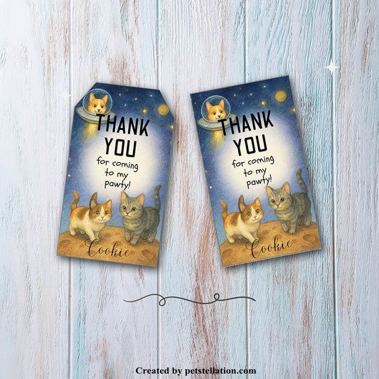 40C-2 Watercolor Galaxy Pet Thank You Tags – Corgi Spaceship & Cats on Planet | Editable Canva Template