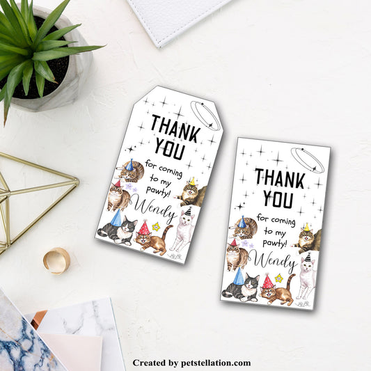 42A Editable Cat Thank You Tags | Watercolor Kitty Gift Tags & Party Labels | Canva Template | Cat Birthday Party Favors