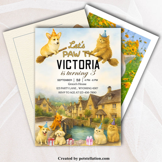 30A3 Editable Pet Birthday Invitation Canva Template – British-Inspired Watercolor Card with Dogs & Cats | Custom Text + Optional Photo Insert + Elegant Back Design