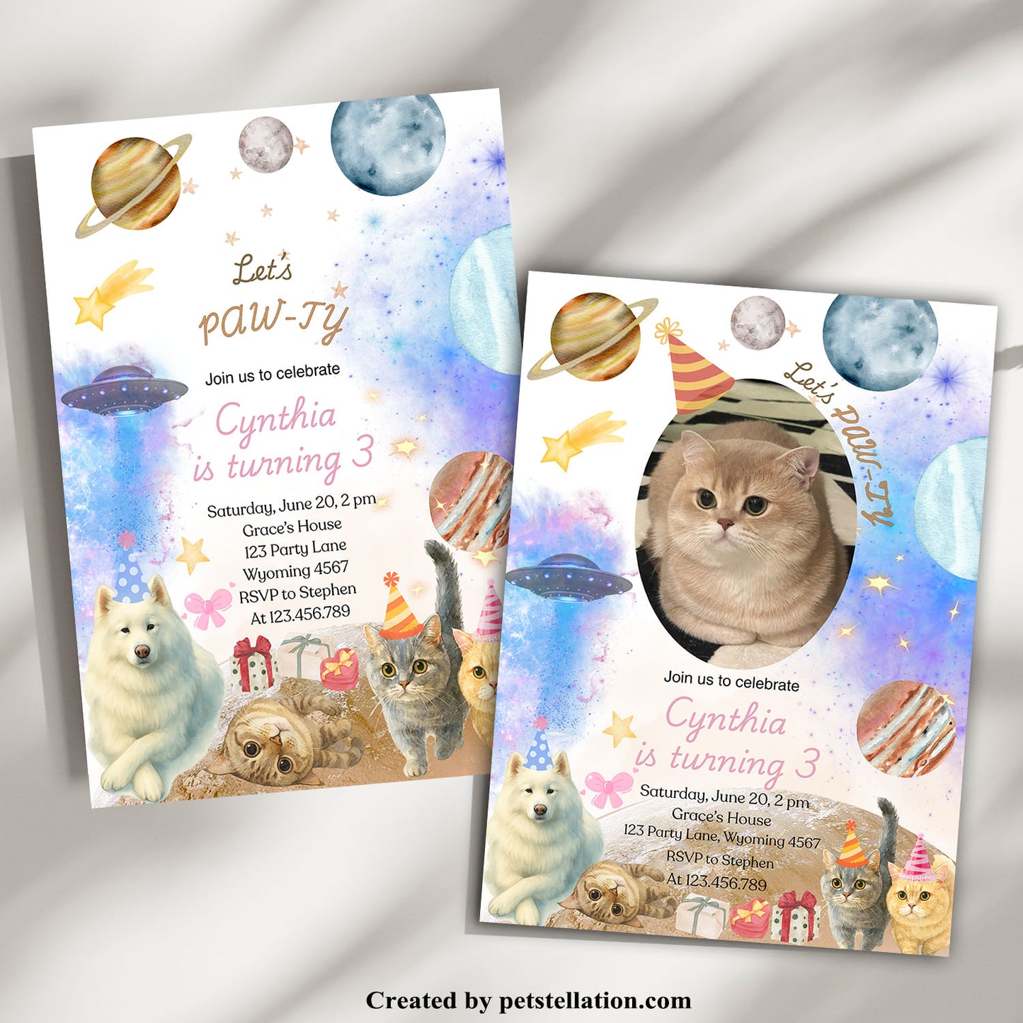 30C-3 Watercolor Pet Birthday Party Invitation Card – Editable Canva Template | Space Theme with Cats & Dog | Custom Text or Photo | Pet Celebration Card