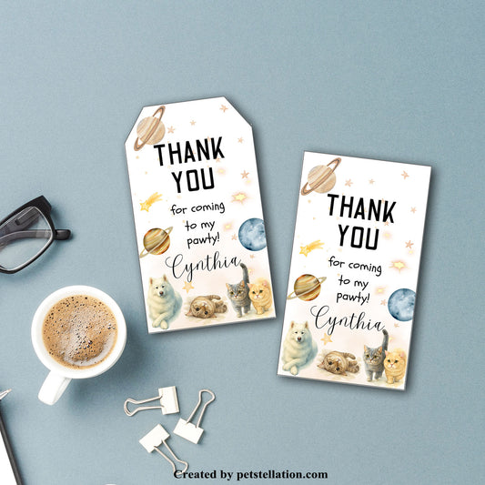 40C-3 Watercolor Pet Thank You Tags – Editable Canva Template | Space-Themed Gift Tags & Party Labels | Cats & Dog | Printable Label Set