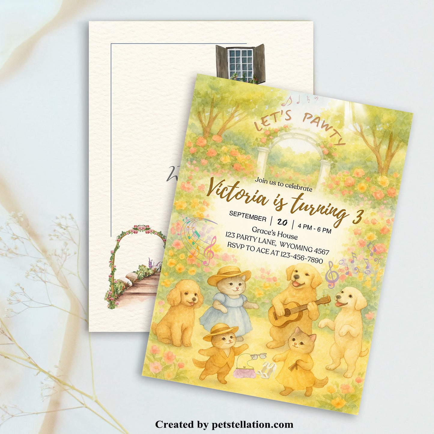 30A9 Whimsical Garden Party Invitation Card – Editable Canva Template with Cats, Dogs & Photo Option